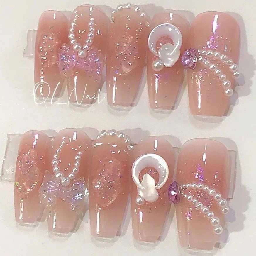 Handmade Nails Sweet Jelly Naked Fairy Fine Glitter Bowknot Nail Art Patches Fake Nails with Glue