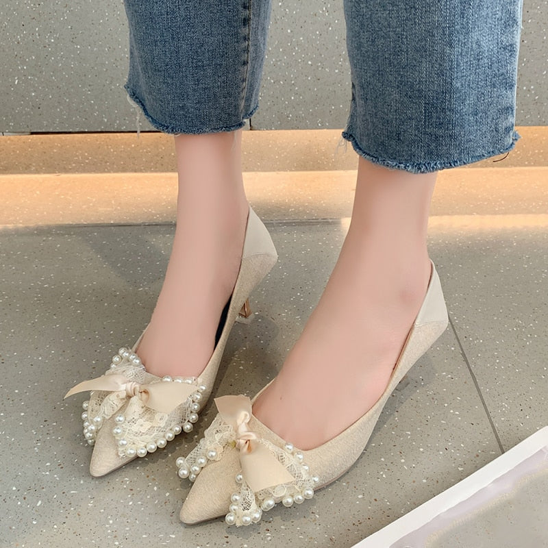 Lace Bowknot Pumps for Women Summer Sexy Pointed Toe Thin High Heels Shoes Woman Fashion Pearls Wedding Party Shoes