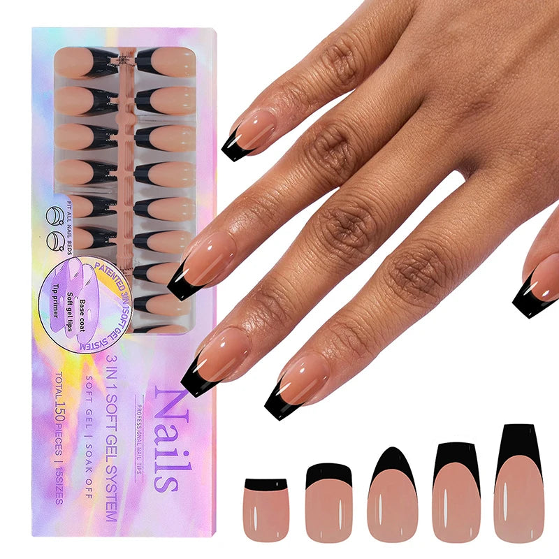 Ddbos 150pcs/Boxed French Gel Tips Press On Nails Black Coffee Almond Nails 15 Sizes Pre-applied Fake Nails For Manicure Extension