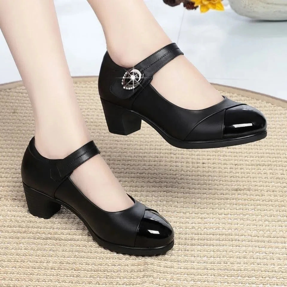 Ddbos Women Fashion Black Pu Leather Office Square Heel Pumps Lady Casual Sweet Light Weight Comfort Spring Summer Heel Shoes