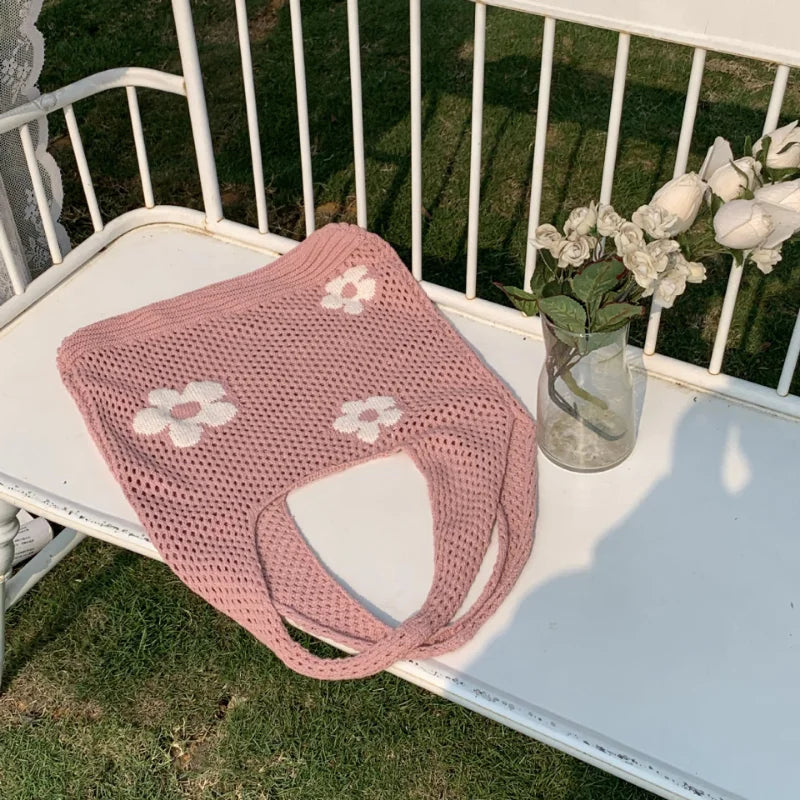 Ddbos Ins Fashion Sweet Flower Knitted Hollow Tote Bag Large Capacity Shopping Bag Ladies Simple Retro Shoulder Bag Handbag for Women