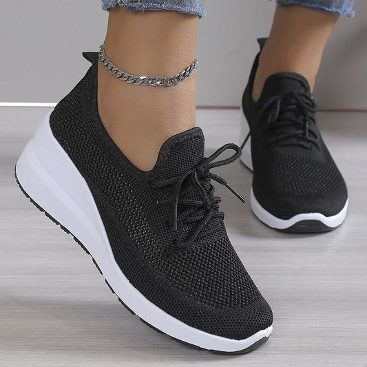 Wedge Sneakers Women Mesh Knitted Platform Sports Shoes Woman Casual Non-Slip Lace Up Tennis Shoes Ladies