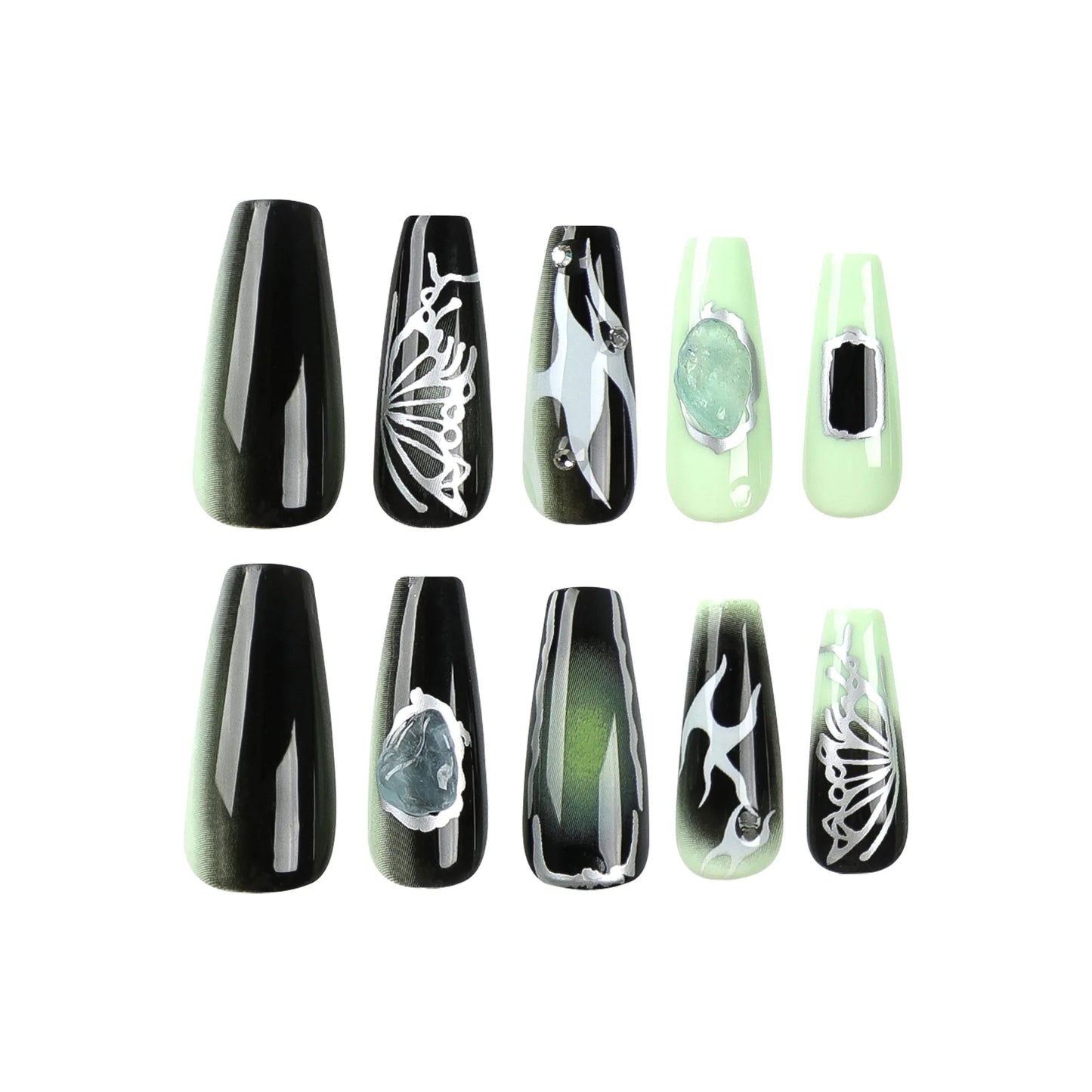 Ddbos 24PCS Long Ballet French Nail Art Fake Nails y2k Press On Black Green Gradient Nail Tips False Nails With Diamond Decoration