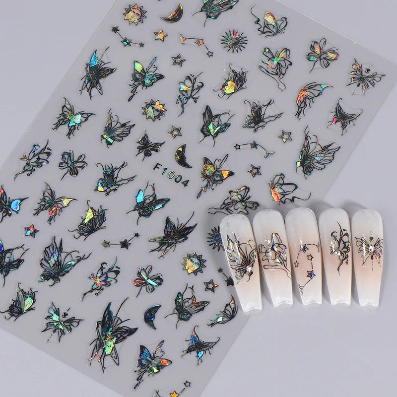 Ddbos 1PCS Black White Butterfly Laser Nail Stickers Y2K Nail Art Decoration Abstract Lines Bronzing Flowers Stickers For Nails