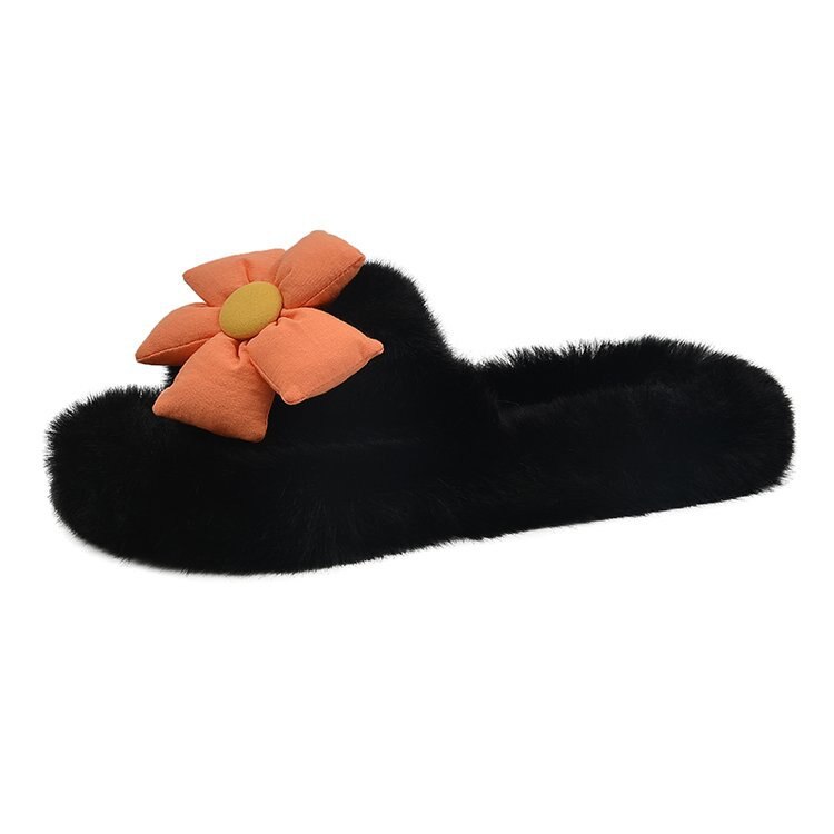 Ddbos Flower Plush Slippers Women Wear Autumn and Winter New Home Plus Size One Word Slippers Cute Cotton Shoes Zapatillas Planas