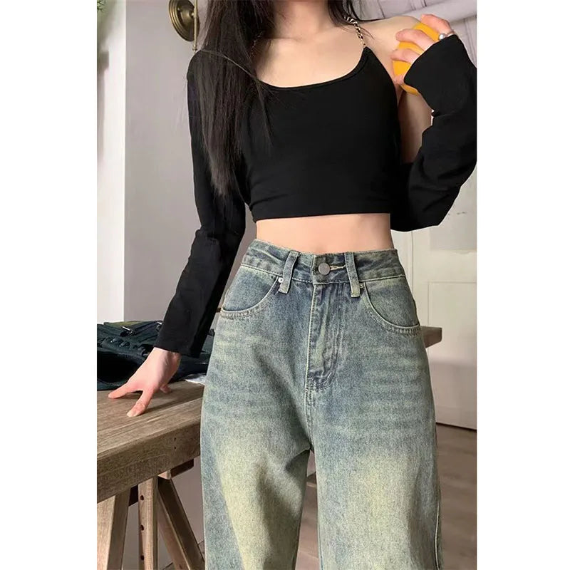 Ddbos Vintage 90S Baggy Straight Denim Trousers Female Y2K High Waist Loose Wide Leg Jeans Women Streetwear All-Match Casual Pants New