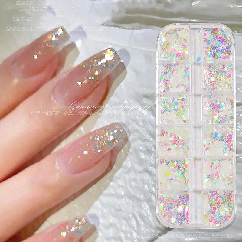 Ddbos 12 Grids/Box Mermaid Fantasy Glitter Sequins Nail Sequin Ornament Sparkling Glitter Sets DIY Nail Art Decoration