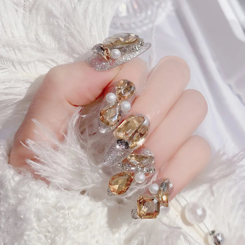 False Nails with Designs Acrylic Nail Crystal Pearl Lace Bowknot Press on Nails Shiny Bride Lady Sweet Korean Fake nails 24pcs