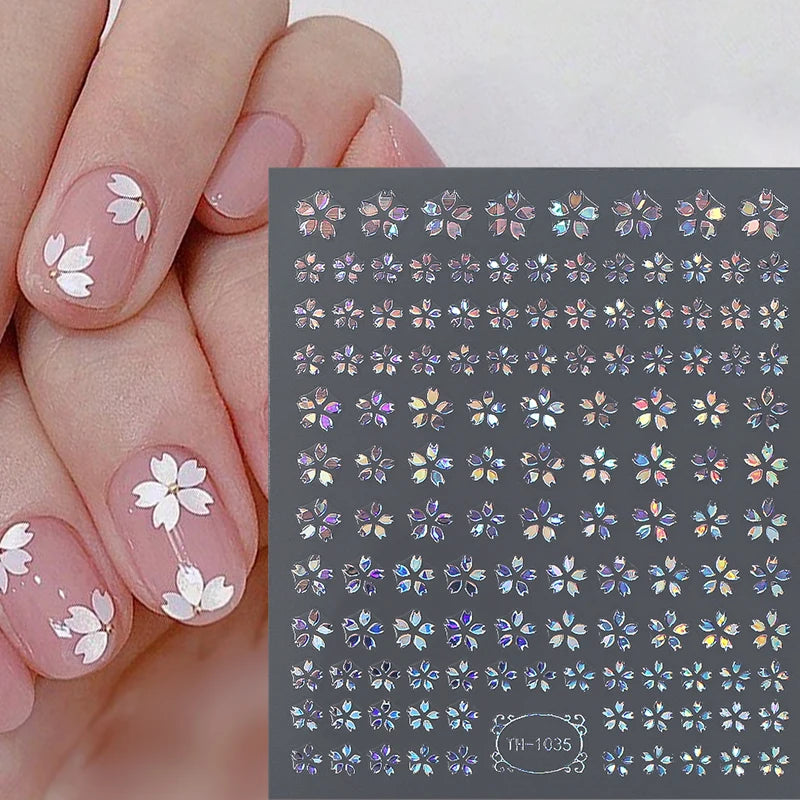 Ddbos 3D Laser Sakura Flower Nail Sticker Aurora Decals Glitter Star Butterfly Floral Adhesive Sliders Cherry Blooming Manicure