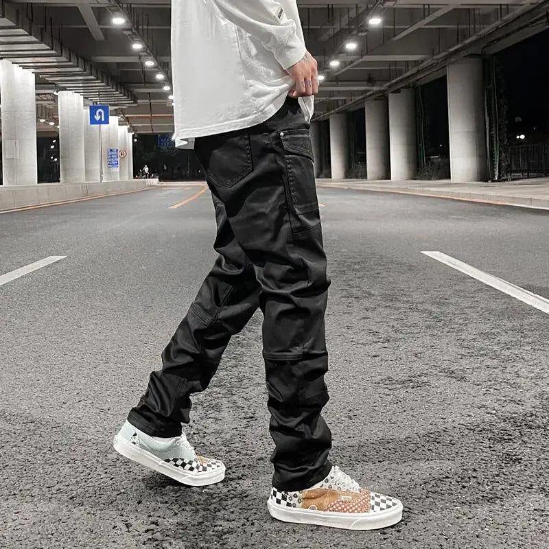 Ddbos Streetwear Kanye Slim Fit Feet Coated Black Jeans Pants for Men Pocket Brushed Wax Tapered Pants Man Casual Cargo Jeans Y2k