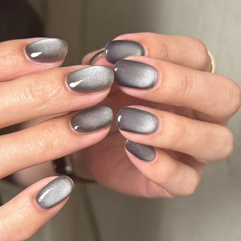 Gray Cat Eye False Nails Shiny Aurora Fake Nail Tips Full Cover Korean Style Short Round Head Press on Nail Tips