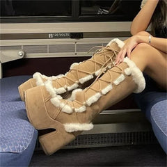 Ddbos New Winter Women Snow Boots Platform Wedge High Heel Faux Fur Lady Shoes Female Plush Warm Non-slip Mid Calf Boots Goth Shoes