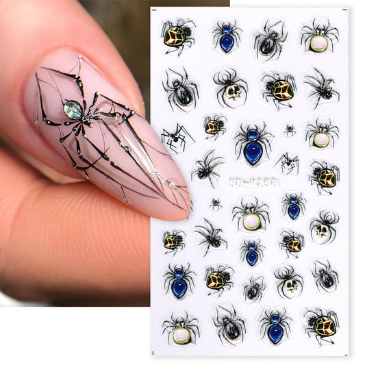 5D Gems Spider Embossed Nail Stickers Design Centipede Red Eyeball Adhesive Sliders Holiday Party New Year Decals Manicure Foils