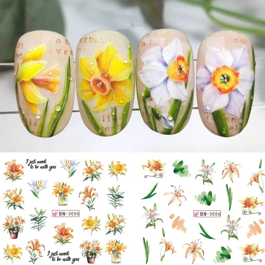 Ddbos 12 Designs Lily Flowers Nail Stickers White Flower Green Leaf Geometric Line Sliders Spring Floral Water Transfer Decals Slider