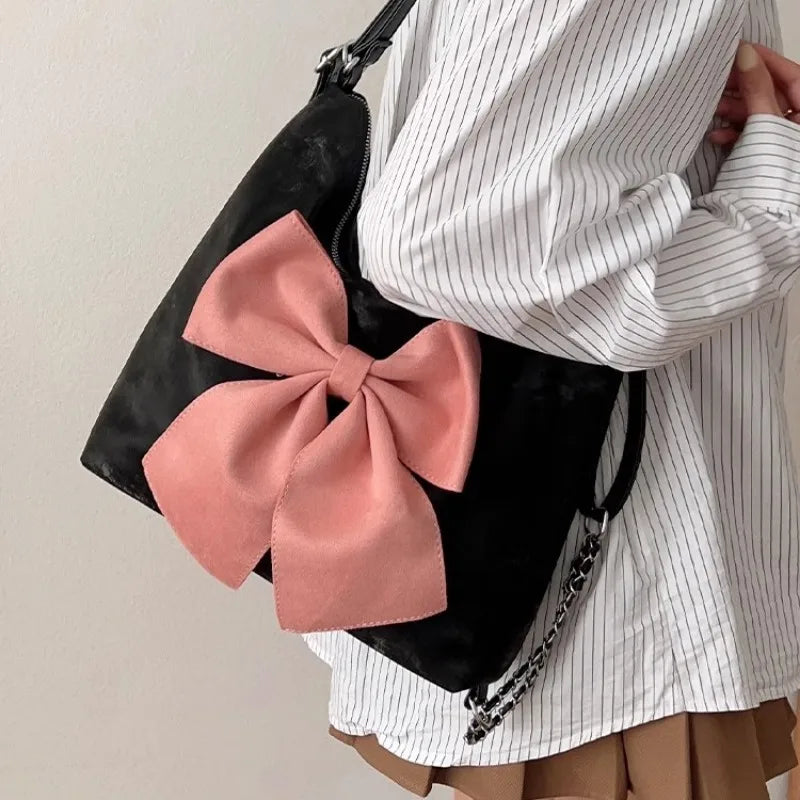 Ddbos Pink Bow Womens Shoulder Bag Korean Style Fashion Large Capacity Sweet Backpack Cute Exquisite Elegant New Female Tote Bag