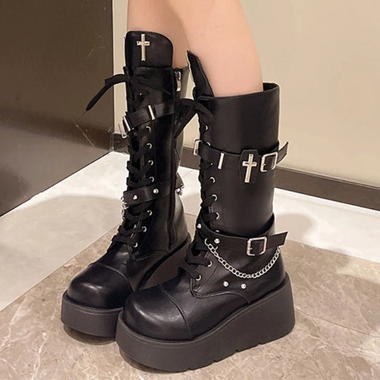 Ddbos New Chunky Platform Punk Style Boots Women Zip Thick Sole Motorcycle Booties Fashion Metal Decor Street Shot Knight Boots