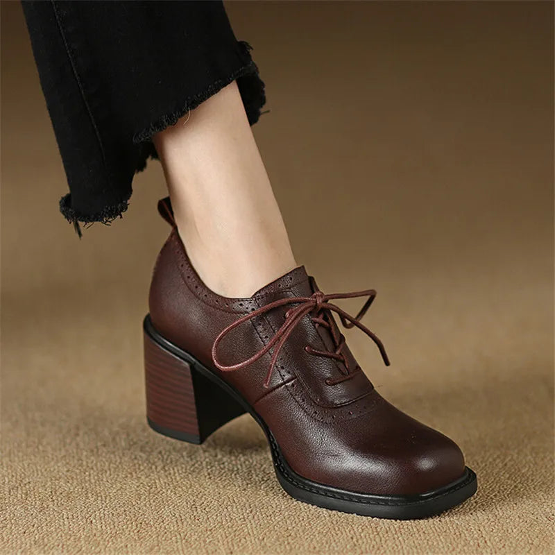 New Spring Genuine Leather Women Shoes Square Toe Women Pumps Shoes for Women High Heel Chunky Heel Shoes Zapatos Mujer Loafers