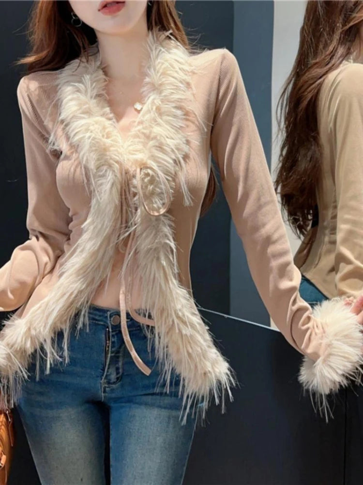 Ddbos Korean Y2k Aesthetic Elegant Fluffy Sweaters All Match Sweet Bandage Slim Sexy Coats Streetwear Fashion New Chic Cardigans Women