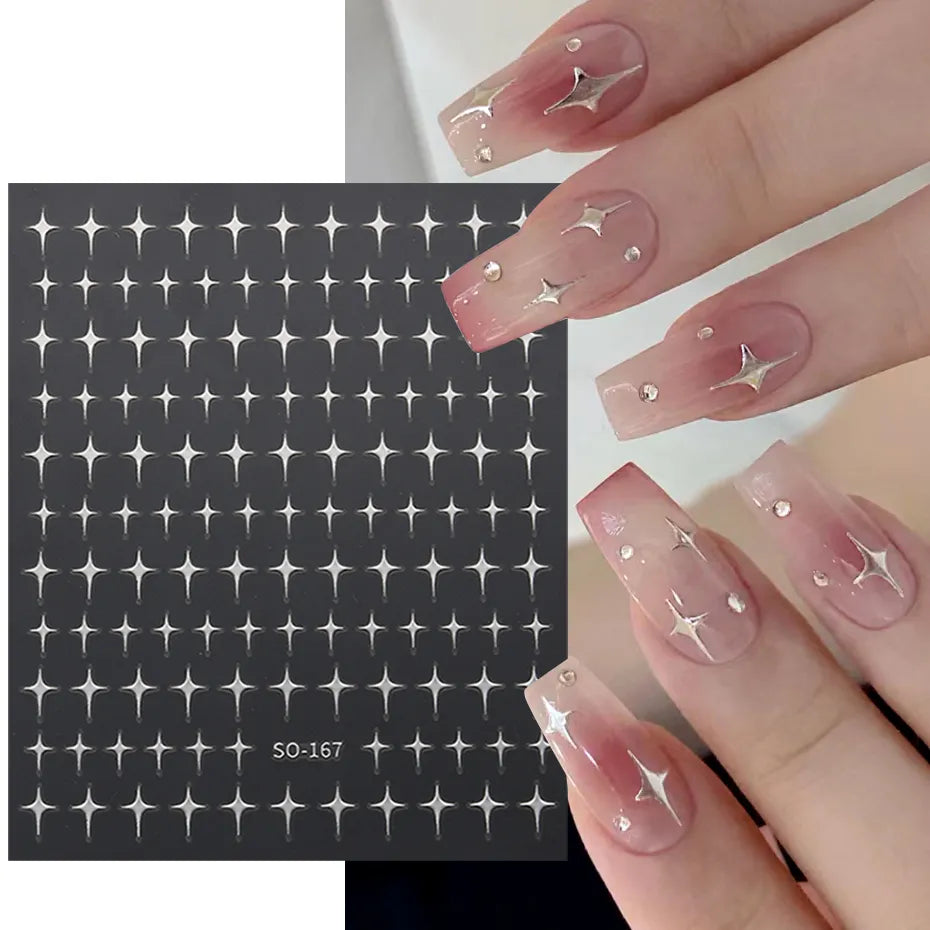 Ddbos Sliver Stars Nails Stickers 3D Bronzing Laser White Cross Starlight Glossychic Y2k Stylish Adhesive Manicure Decorations