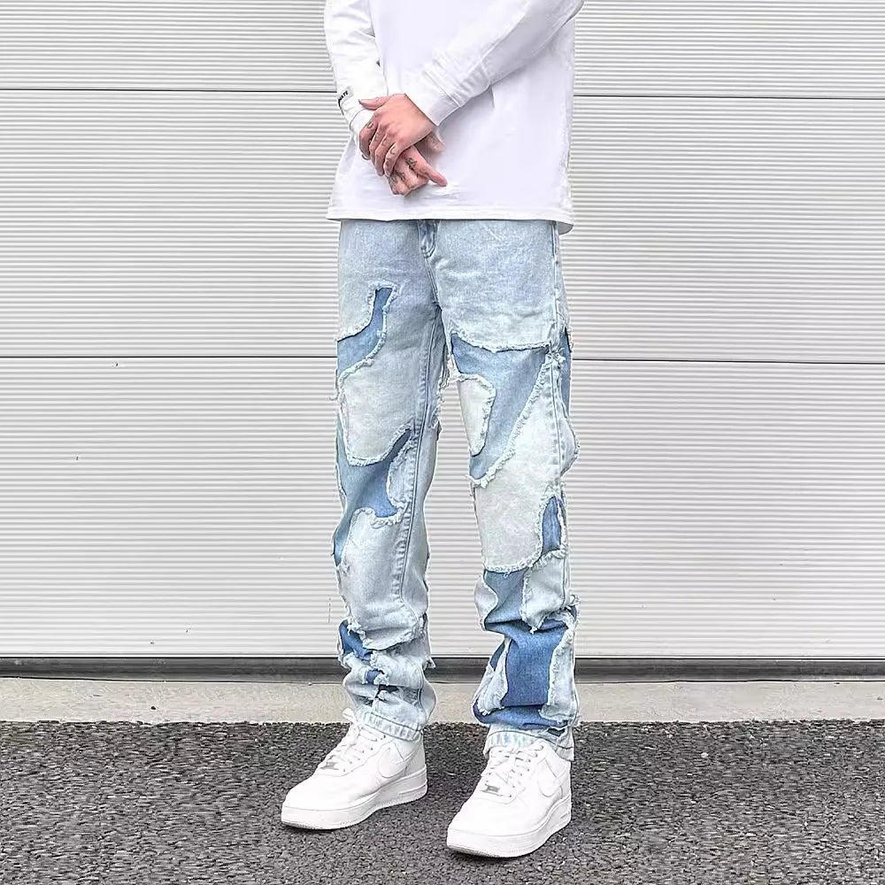 Ddbos Streetwear Swag Style Blue Frayed Jeans Pants for Men Retro Washed Ripped Casual Tapered Denim Trousers Slim Fit Y2k Jean Male