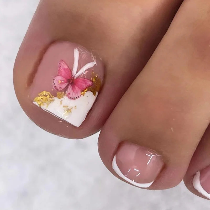 New White Flower Artificial Toe Nails with Gold Foil False Toenail Tips French Lady Girl Wearable Press on Nails for Feets