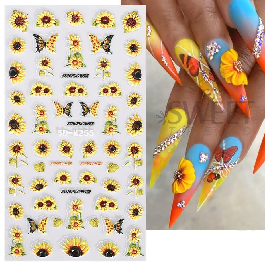 5D Yellow Sunflower Embossed Nail Sticker Acrylic Flower Leaf Bee Butterfly Summer Engrave Gel Polish Manicure Slider Decoration