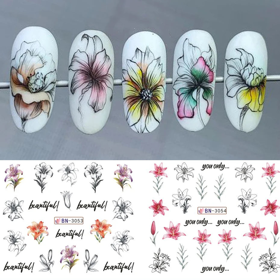 Ddbos 12 Designs Lily Flowers Nail Stickers White Flower Green Leaf Geometric Line Sliders Spring Floral Water Transfer Decals Slider