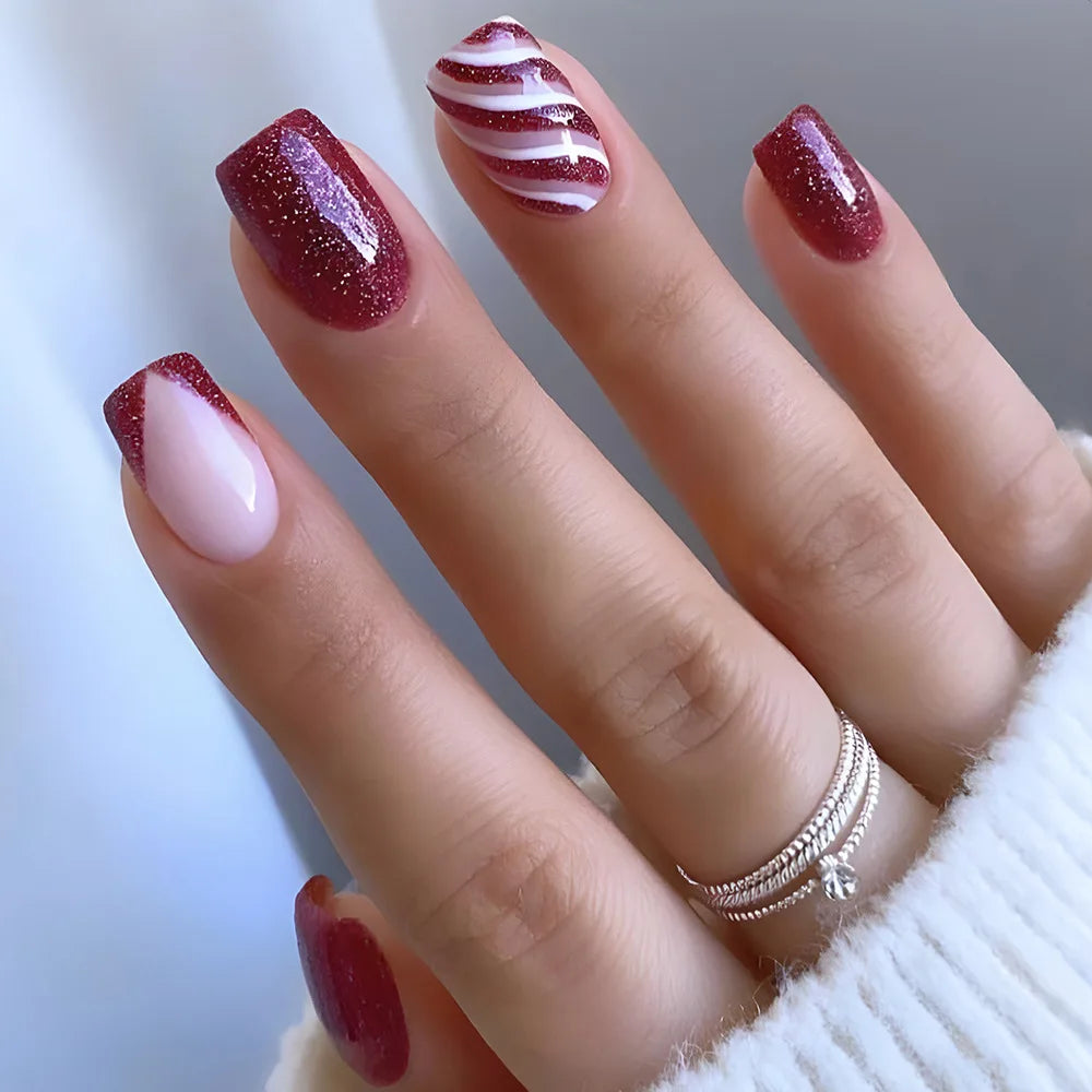 Ddbos New Christmas Fake Nails Cute Elk Snowflake Pattern Red Color Press on Nails Artificial Nails Tip Christmas Gifts for Girls