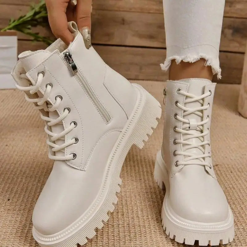 Ddbos Thick Warm Long Plush Ankle Boots for Women Winter Lace Up Pu Leather Motorcycle Boots Woman Plus Size Short Booties Shoes