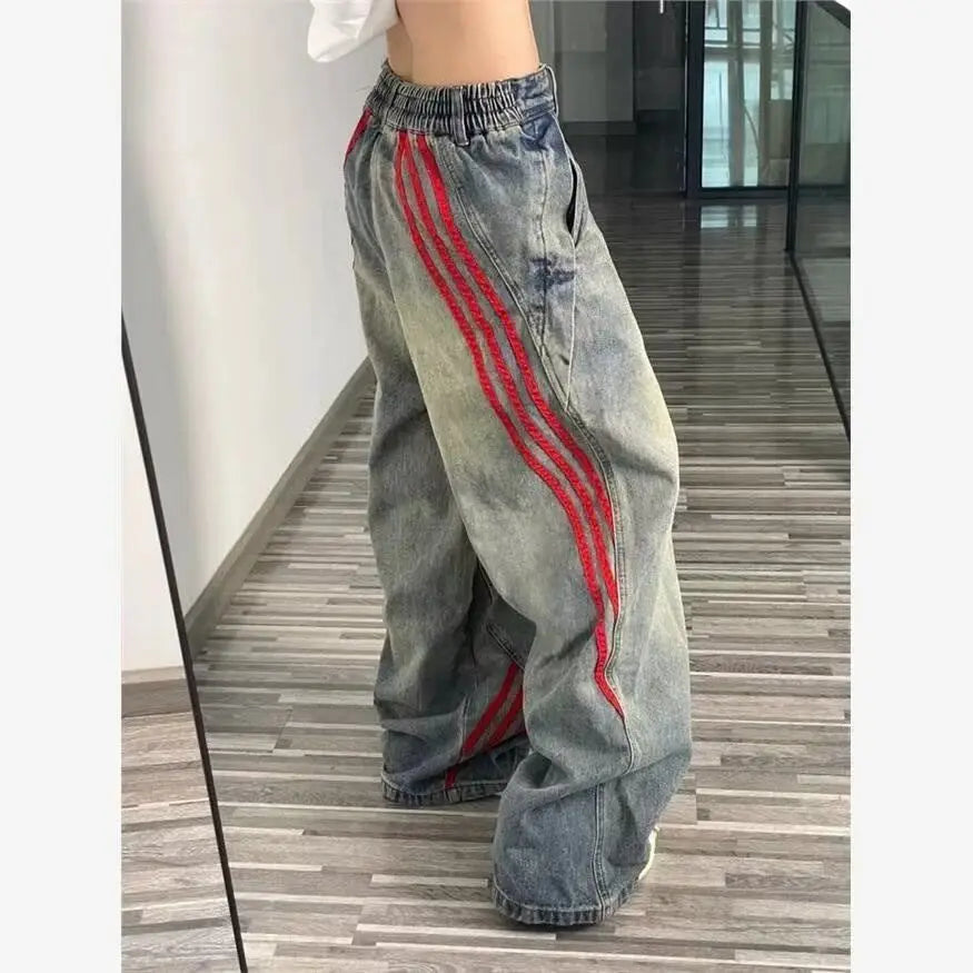 Ddbos American Hip-hop Retro Jeans for Men and Women Loose and Trendy Straight Leg Striped Patchwork Casual Washed Wide Leg Pants