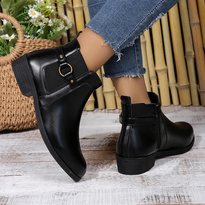 Ddbos Pu Leather Classics Black Thick Heel Ankle Boots Metal Zipper Low Platform Woman Shoes Winter Round Toe Slip On Short Boots