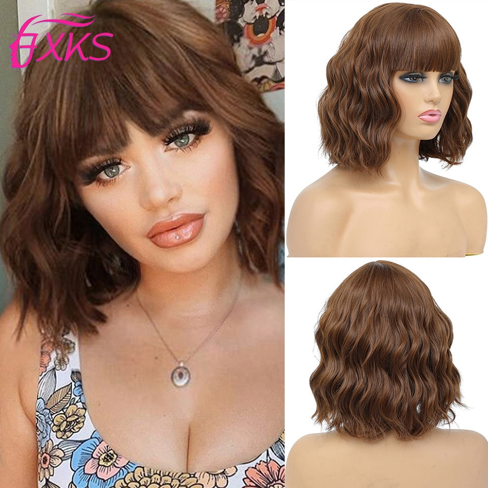 Ddbos Blonde Gold Short Wavy Synthetic Wigs With Bangs Brown Grey Silver Black Color Body Wave Hair Wigs 14Inch 200G For Women FXKS