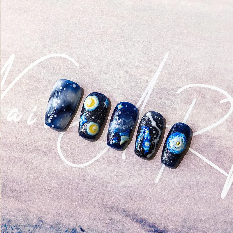 Ddbos 5D Realistic Relief Blue Yellow Starry Night Sky Moon Starlight Adheisve Nail Art Stickers Decals Manicure Ornaments Accessories