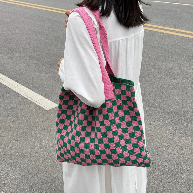 Ddbos Y2K Vintage Checkered Crochet Tote Shopper Bag Retro Minimalism Contrast Color Fashion Knit Handwoven Soft Hook Black and White