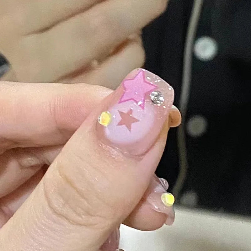 Ddbos Korean Sweet Girl False Nails y2k Pink Five-pointed Star Printed Fake Nails Short Cute White Edge Artificial Nail Patch 24pcs