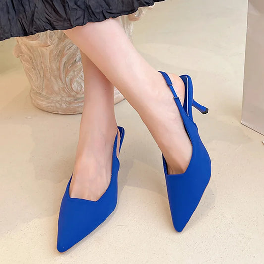 Ddbos Women Simple Blue Slingback Pumps Summer Elegant Pointed Toe High Heels Shoes Woman Solid Thin Heel Sandals for Women