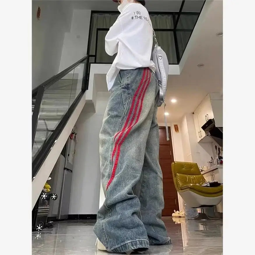 Ddbos American Hip-hop Retro Jeans for Men and Women Loose and Trendy Straight Leg Striped Patchwork Casual Washed Wide Leg Pants