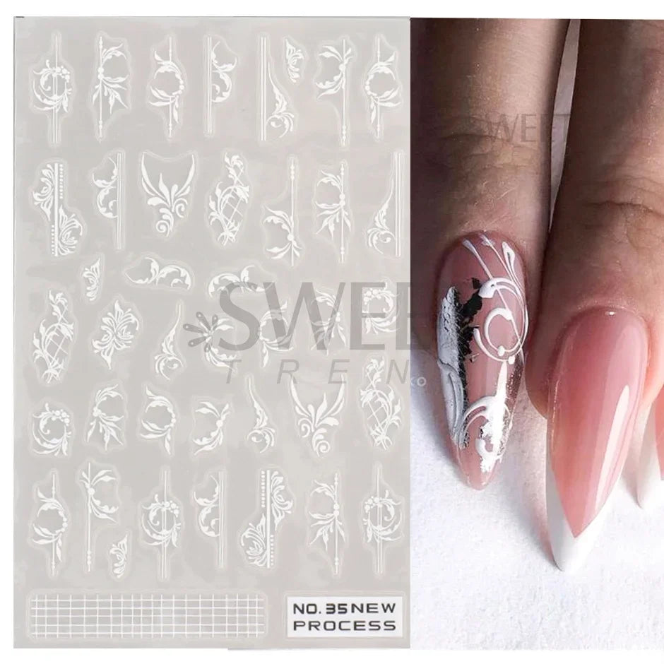 Ddbos White Lace Flower Nail Art Sticker Acrylic Floral Charm Adhesive Sliders Elegant Wedding Bride Simple Line Design Manicure Decal