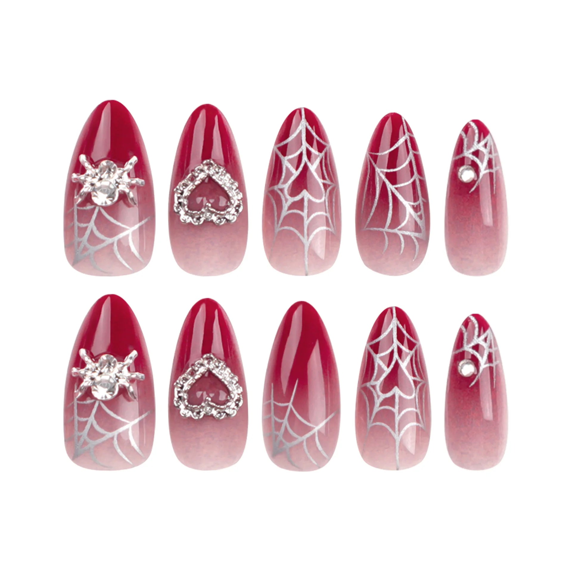 Gradient Red Fake Nail with Spider Web Pattern False Nails with Crystal Design Almond Press on Nail Tips Wearable