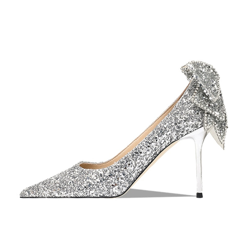 Ddbos Bling Sequins Wedding Shoes for Women Bride Elegant Pointed Toe Thin Heels Pumps Woman Silver Crystal High Heels for Ladies