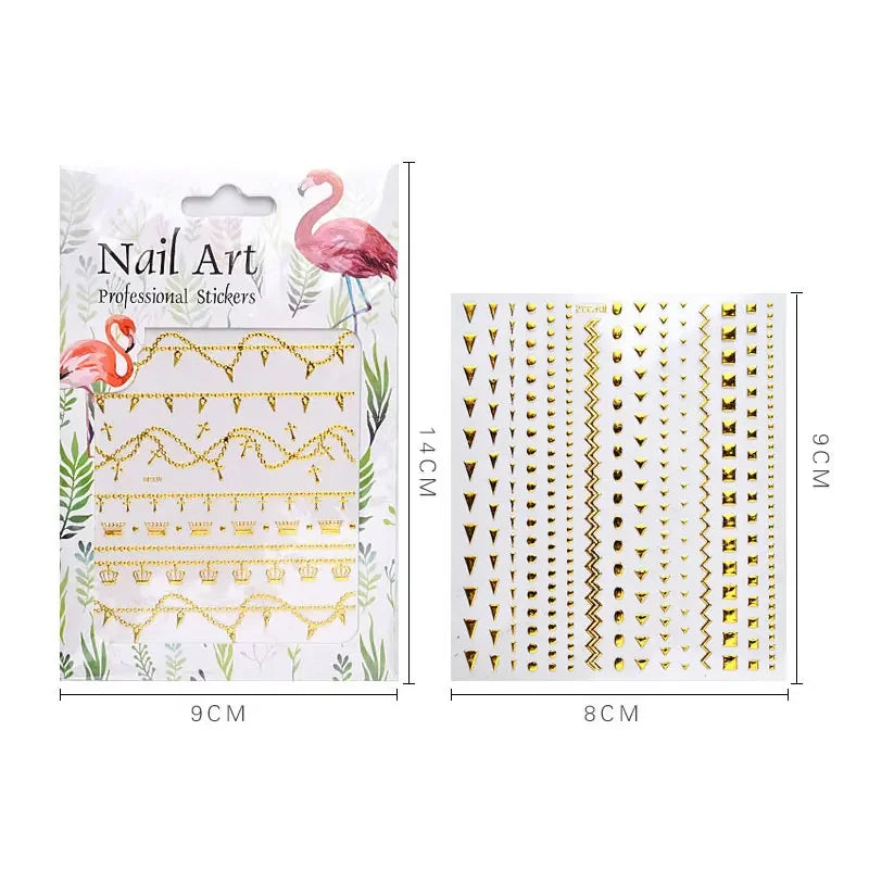 1 Sheet Gold Metal Chains Nail Stickers Mix Wave Heart Bow 3d Golden Metallic Adhesive Sticker DIY Manicure Nail Art Decorations