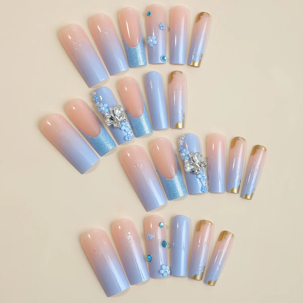 Ddbos 24Pcs Blue Butterfly Glitter French Edge False Nails Press on Nails with Aurora Diamond Wearable Long Coffin Ballet Fake Nails