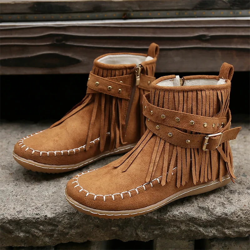 Ddbos Botines Autumn Flat Heel Ankle Boots Retro Suede Tassel Women Boots Fashion Round Toe Soft Sole Short Boots Casual Women Shoes