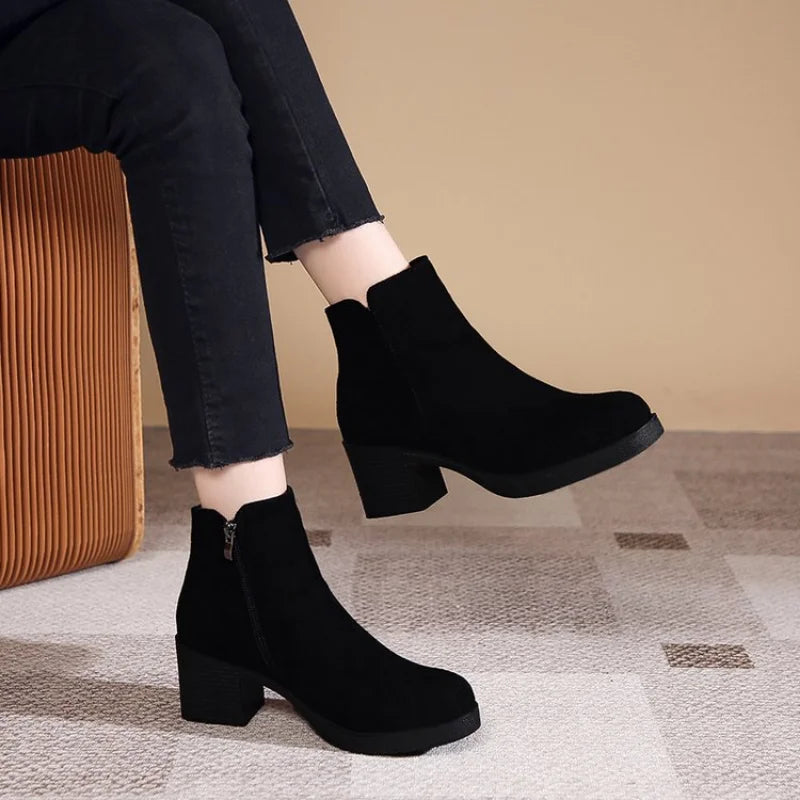 Ddbos Women's Autumn and Winter New Fashion Solid Temperament Ankle Boots Round Head Square Heel Slip on Solid Casual Boots Size