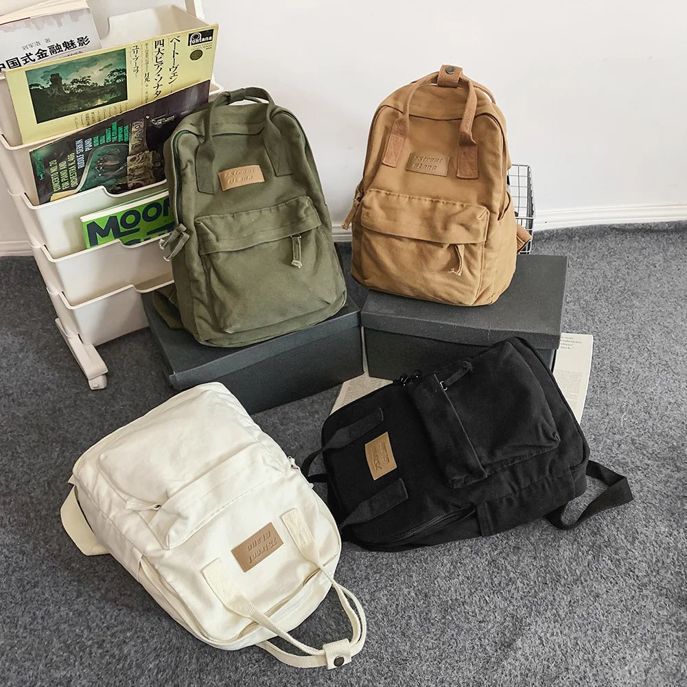 Vintage Men Women Backpack Cotton Canvas Casual Traveling Commuting Backpacks Large Capacity Solid Color Leisure Handbag