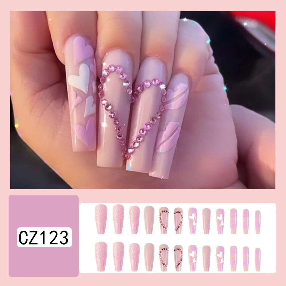 24 Pcs Glossy Long Ballerina Press On Nails Pink Heart Pattern Fake Nails With Rhinestone Shiny Artificial Reusable False Nails