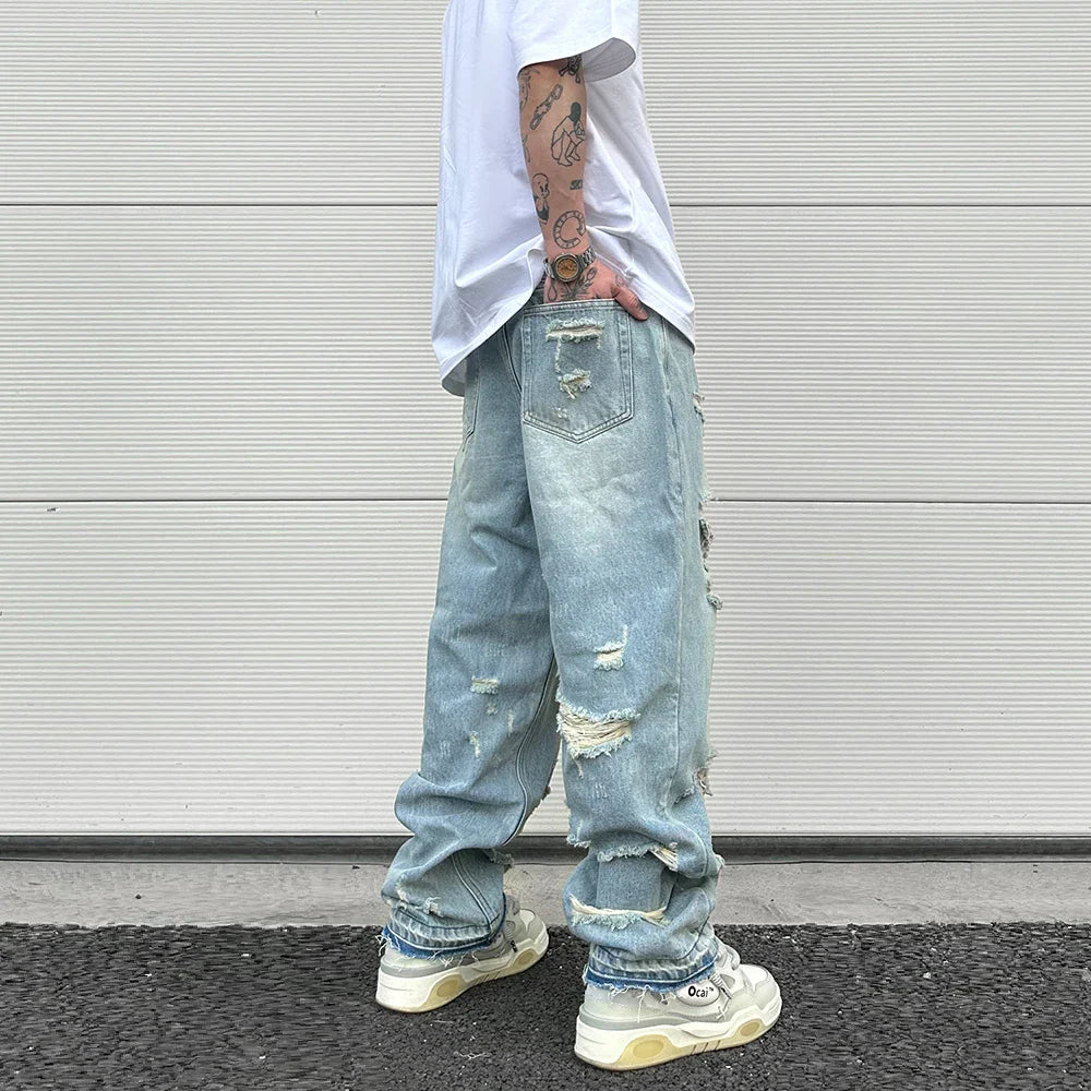 Ddbos Washed Blue Oversized Torn Jeans for Men Streetwear Hip Hop Large Destroyed Wide Leg Jeans Baggy Straight Ripped Denim Pants