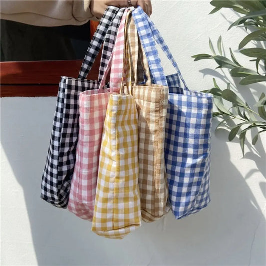 Travel Grocery Tote Bags Portable Japanese Style Cotton Lunch Bag Plaid Handbag Kids