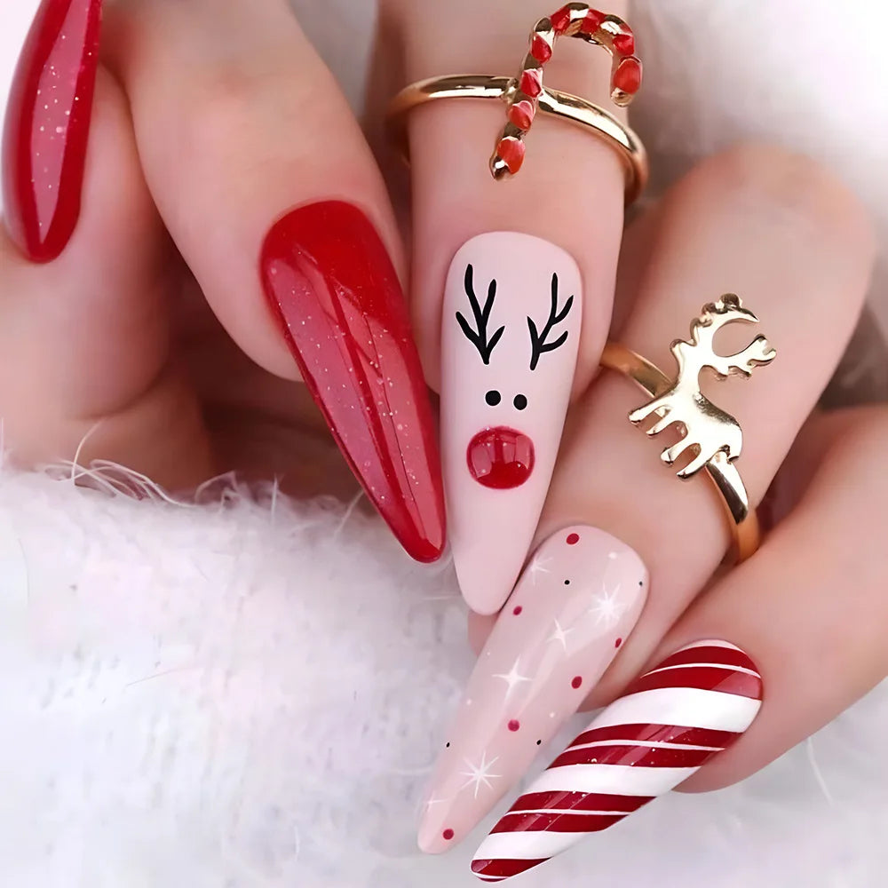 Ddbos New Christmas Fake Nails Cute Elk Snowflake Pattern Red Color Press on Nails Artificial Nails Tip Christmas Gifts for Girls