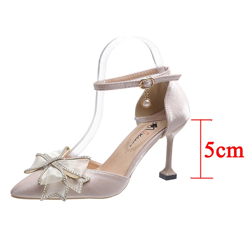 Ddbos Sexy Thin Heels Ankle Strap Pumps Women Lace Bowknot Wedding Party Shoes Woman Elegant Pointed Toe Silk High Heels Shoes